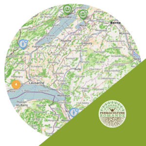 Permacarte : Carte de la Suisse avec des projets / initiatives et des personnes liées à la permaculture, avec le logo de l'association Permaculture Romande